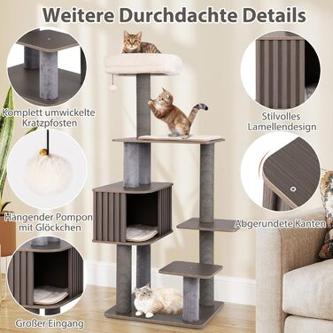Дерев'яний кігтеточки для котів COSTWAY 151 см з платформами, печерею, кігтеточками та іграшками, сірий