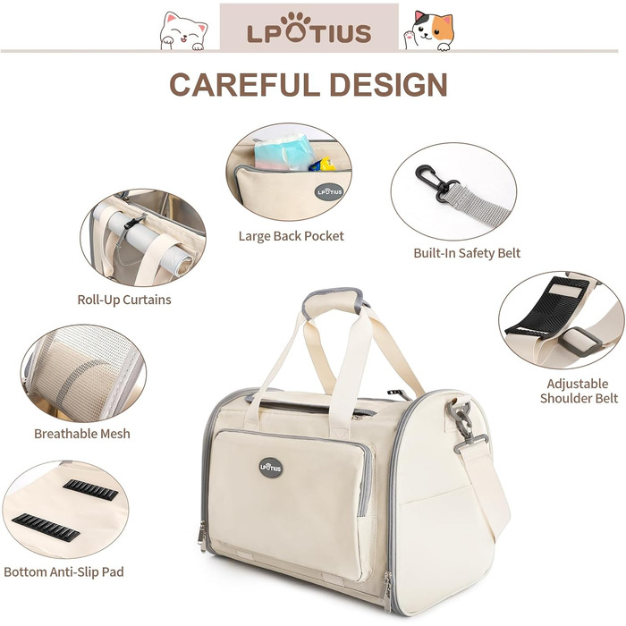 Транспортна сумка для котів та собак, дихаюча та складана переноска з регульованим плечовим ременем (Бежева)