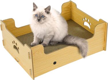 Кігтечка для котів з гофрокартону, велика, XXL, коробка-ліжко, кігтешкребок для котів, килимок для кігтів, з високоякісного гофрокартону та дерева, подарунок для любителів котів, жовто-білі смуги (натуральний колір, 38,5x30x15,5 см)