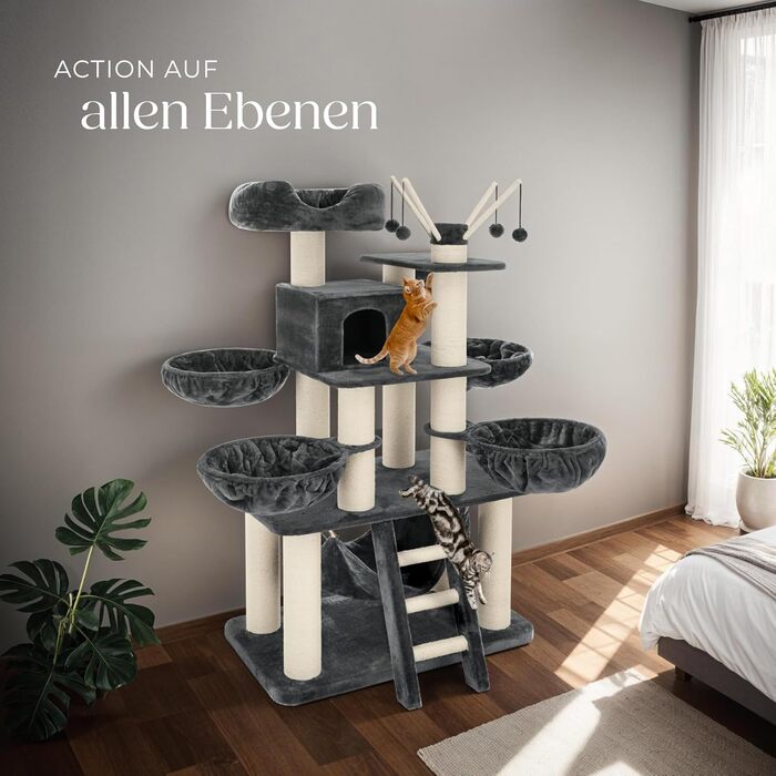 Дерев'яний комплекс для котів Tectake XXL, 195 см, з гамаком, сходами, печерею та когтеточками з сизалю, сірий/білий | 403327