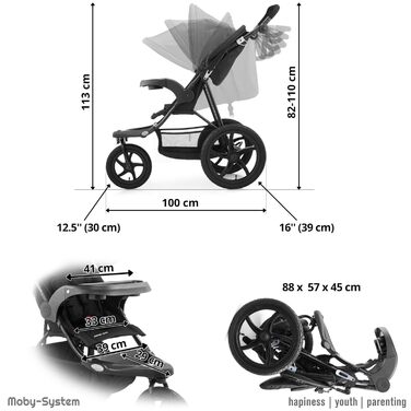Дитяча коляска Moby-System Runner Mountain 3-колісна з дощем, вантажопідйомність 15 кг, комплект аксесуарів, 5-точкова система ременів, відбивачі, віконце та кошик для речей - Чорний