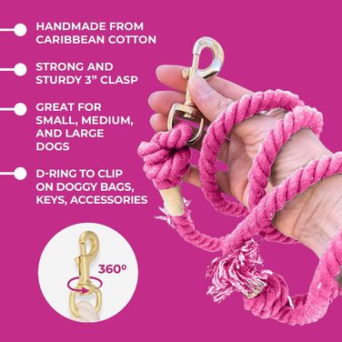 Світловідбивний повідець для собак Glow Pups Rosa 1,5 м, ручна робота, бавовна, Boho-Chic, для малих, середніх і великих порід, 360° карабін, D-кільце, рожевий