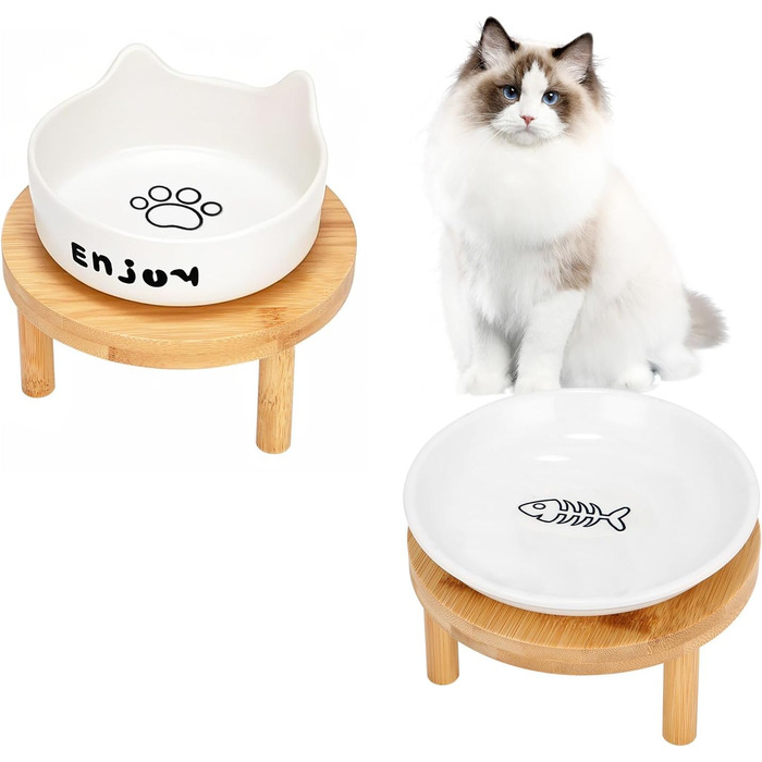Миски для котів, підняті миски з кераміки з підставкою з бамбука (2 шт.) - білі