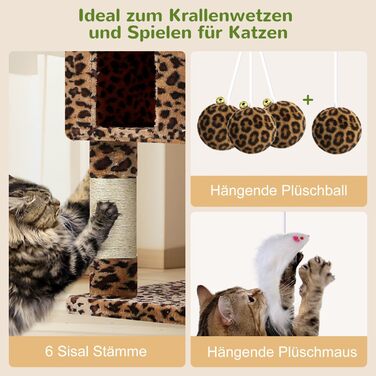 Драбина для котів Globlazer XXL, 209 см: 3 стійкі лежанки, 2 будиночки, 2 кошики, велика платформа, іграшки, стабільна для 3-5 котів. Leoparden