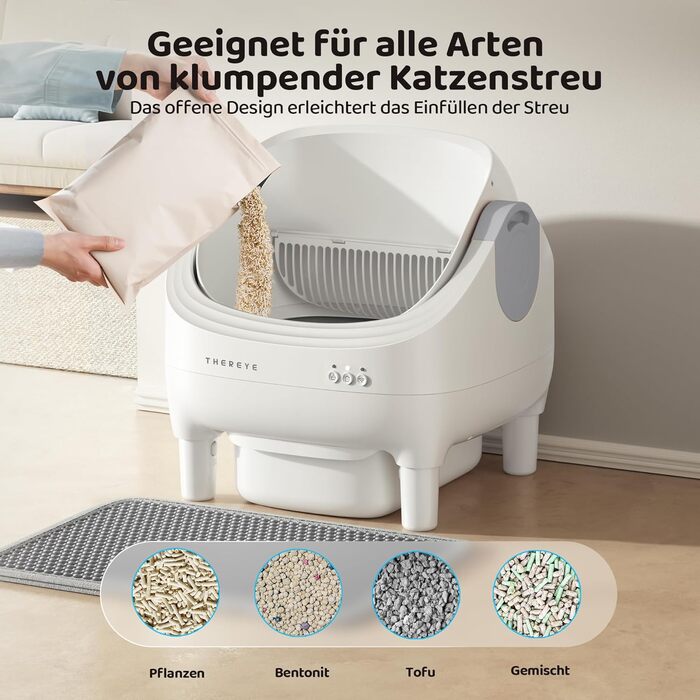 Автоматичний лоток для котів Thereye з самоочищенням, датчиком безпеки та мобільним додатком, тихий дизайн, видалення запаху, для котів вагою 1,5-12,5 кг, захист від защемлення, 14 днів відходів