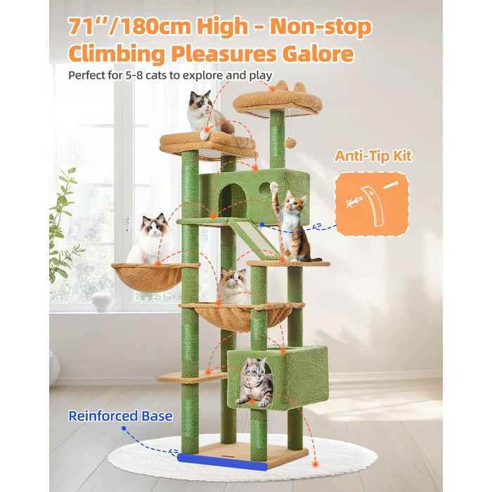 Дерево-подряпування Taoqimiao 180 см, велике, для котів, з 2 будиночками, гамаком, корзиною та 8 стовпчиками, зелений колір, MSC026L