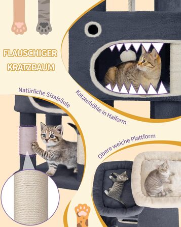 Драбина-кіготь для котів Hzuaneri, 159 см, з 8 кігтеточок, 3 платформ, 2 будиночків, кошиком, плюшевими кульками, мотузкою з сизалю, підходить для котів різних розмірів, MS15918LG (XL, темно-сірий)