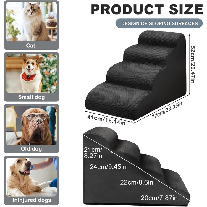 Сходинки для собак Mozvvco - 4 сходинки, для маленьких собак, м'який матеріал, знімний чохол, чорного кольору