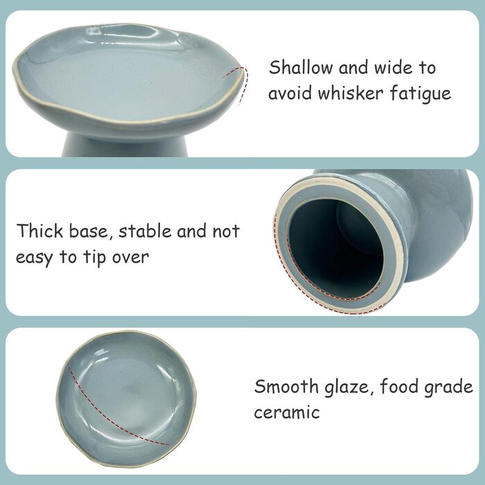 Керамічні миски для котів, 2 шт., 15.5 см, плоскі, анти-вуса, для корму та води, блакитні