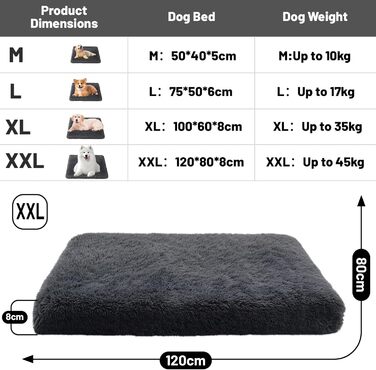 Ліжко для собак, 100x60x8 см, великі породи, миюче, плюшеве, з антиковзною основою (XXL 120x80x8 см)
