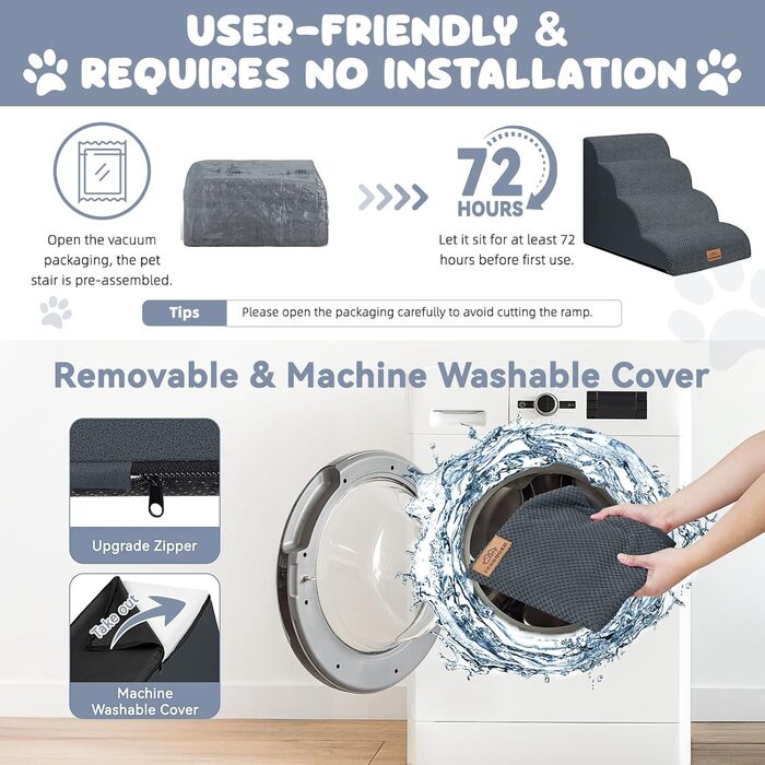 Сходинки для собак 4-х ступінчасті для ліжка, 50,8 см, вигнута сходинка для літніх/поранених собак, котів, для ліжка, стільця або дивану, преміум-піна, антиковзаюча рамка для собак