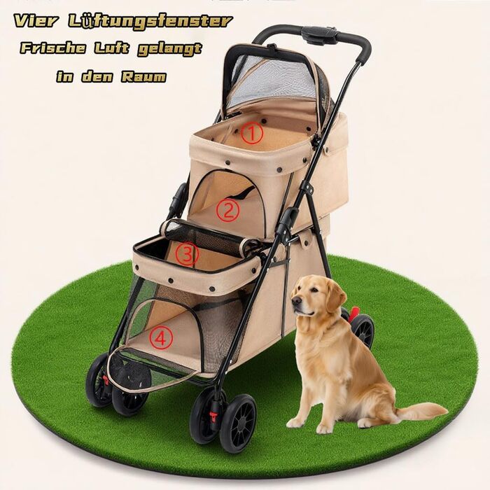 Складаний візок для собак на 2 яруси, переноска для домашніх тварин до 24 кг, візок для собак з сітчастими віконцями, ремінь безпеки, 4 колеса, складаний візок для котів та маленьких собак (колір: коричневий)