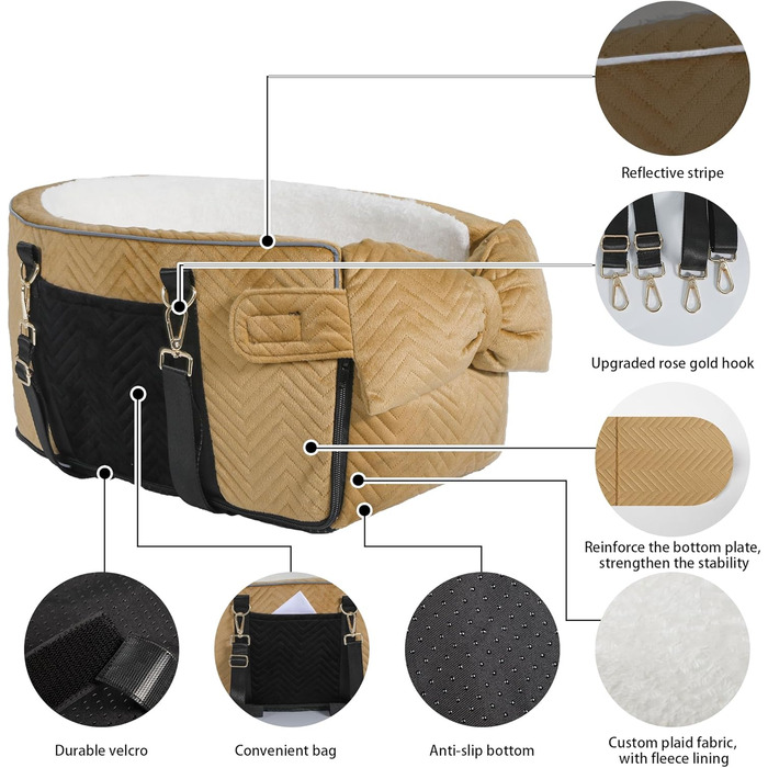 Автокрісло для собак Mittelkonsole - зручне автокрісло для маленьких собак до 6,8 кг, коричневе, з підкладкою та ременем безпеки