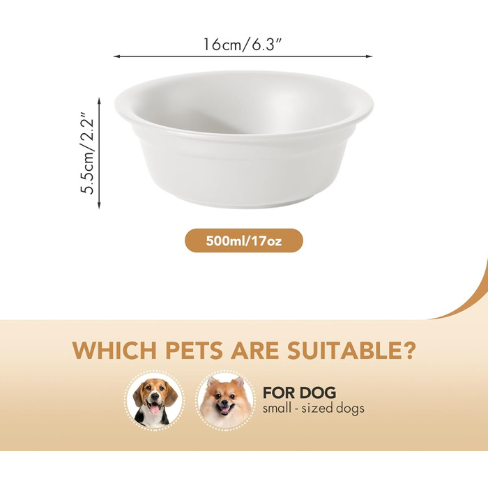 Набір керамічних мисок для собак Havniva (16 см) - 2 шт. (корм та вода), для маленьких та середніх порід, широка горловина, з заокругленим краєм, матово-білий колір