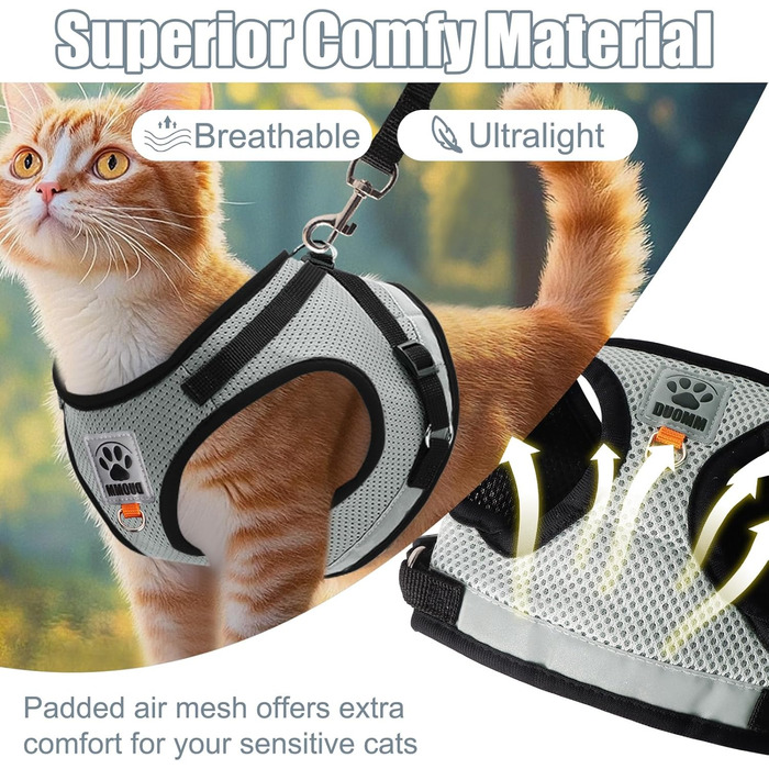 Нашийник для котів Bindokun з повідком, анти-вислизання, комплект, розмір M, сірий