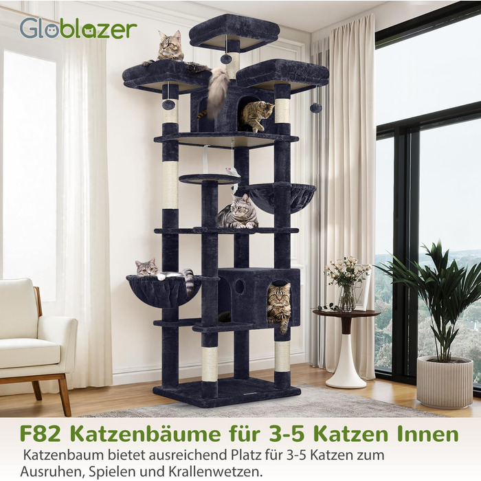 Комплекс для котів Globlazer XXL (209 см) з сірими платформами, будиночками та іграшками для 3-5 котів
