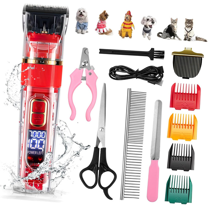 Безшумний бездротовий тример для домашніх тварин BESPORTBLE з LED-дисплеєм, миється, аксесуари для собак та котів, регульована швидкість, насадки-гребінці, 18.00x4.50x4.00 см, червоний