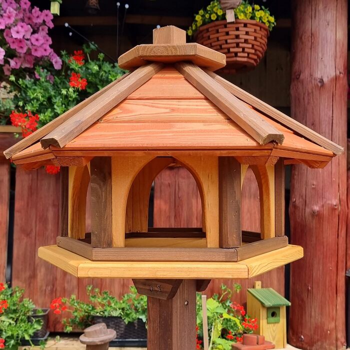Дерев'яна шестигранна годівниця для птахів Vogel Futter Haus, садова кормушка для диких птахів, коричнева/червона/жовта