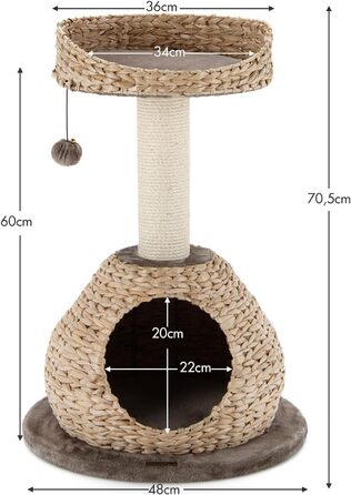Дряпка для котів COSTWAY з будиночком, 48x70,5 см, дерев'яний котячий комплекс із лежаком і іграшкою, компактний кіт-дерево з котячою хаткою, котячі меблі з рогози