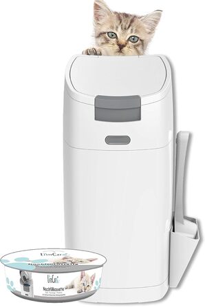Відро для сміття з котячого туалету Littycat з лопаткою - з картриджем для поповнення - котячий туалет, відро для котячого туалету біло-сірий + 1 картридж біло-сірий