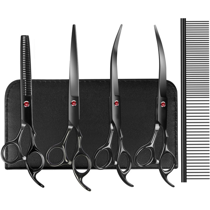 Професійний набір для грумінгу 7 дюймів: ножиці прямі та вигнуті, ножиці для фінальної обробки, гребінець та аксесуари, нержавіюча сталь, ергономічний дизайн, для догляду за тваринами вдома та в салоні, чорний