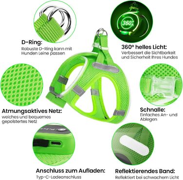 Світловідбиваючий нашийник для собак PcEoTllar з LED підсвічуванням (3 режими), зелений, для маленьких та середніх собак