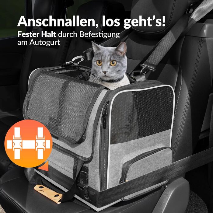 Транспортна переноска для котів CADOCA® до 20 кг, складана, з дахом від сонця та дощу, з підстаканником, дихаюча, комфортна, з обертовим матрацом, сіра