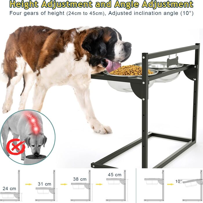 Підвищена годівниця для собак Eaninaz з регулюванням висоти, нахил 10°, 2 нержавіючі миски (1,5 x 2) та безпечна килимок, стабільний підставник для миски (XL)