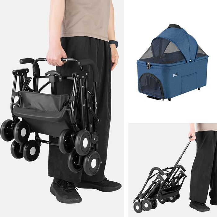 Дитячий візок для тварин BAKAJI 2 в 1, 40 кг, складний, знімний кокон, візок для собак та котів з кошиком для зберігання (блакитний)