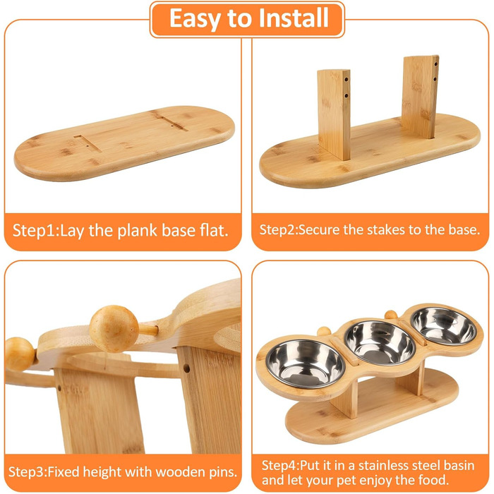 Підвищений годівниця для котів Katzennapf з 3 мисками з нержавіючої сталі, регульована висота, дерев'яний підставник, ергономічна станція для годування, миска для води для котів та маленьких собак