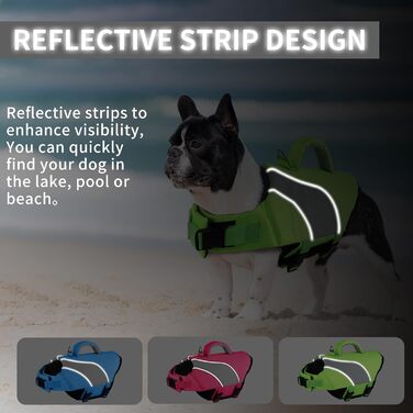 Жилет для плавання собак Doglay, регульований та світловідбиваючий, для плавання та катання на човні, висока плавучість, безпечний жилет з ручками для рятування та D-подібним кільцем, середнього розміру, флуоресцентний зелений та сірий