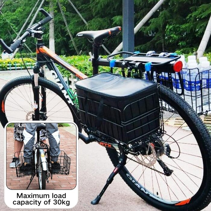 Складаний велосипедний кошик SUQ з чорною нейлоновою сумкою, сталева велосипедна корзина, для тварин, покупок, подорожей, кемпінгу та відпочинку на природі (Чорний)