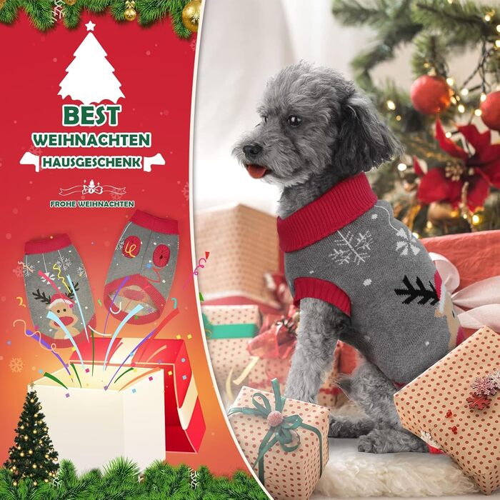 Пуловер для собак Elch Weihnachten: теплий зимовий пуловер з ролетним коміром для маленьких та середніх собак, сірий, XXL