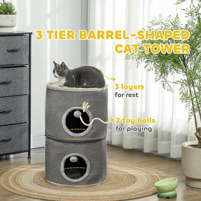 Кігтеточка Pawhut для котів, модульна, з блискавкою, розбірна, 3 яруси, 2 м'ячики, хованка, висота 69 см, сіра