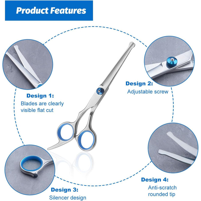 Набір професійних ножиць для собак 7 в 1 з нержавіючої сталі, з безпечними закругленими кінчиками. Включає ножиці для вирівнювання, вигнуті та прямі ножиці, гребінець для грумінгу. Підходить для собак, котів та інших тварин