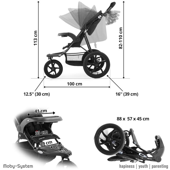 Дитяча коляска Moby-System Runner Mountain 3-колісна з дощем, вантажопідйомність 15 кг, комплект аксесуарів, 5-точкова система ременів, відбивачі, віконце та кошик для речей - Чорний