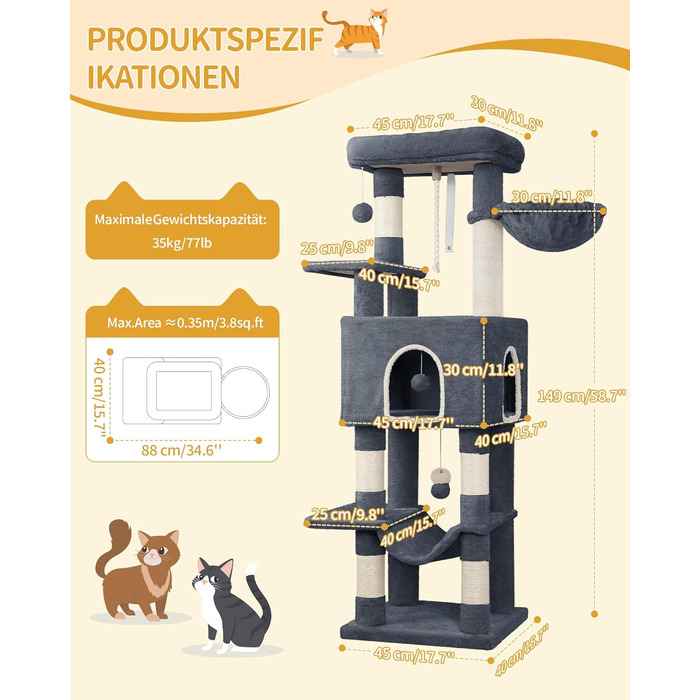 Дерево для котів Hzuaneri Kratzbaum 149 см з 5 стовпчиками для шліфування, платформами, печереєю, багатоярусне котяче ігрове дерево, помпонами, MS14918LG (темно-сірий)