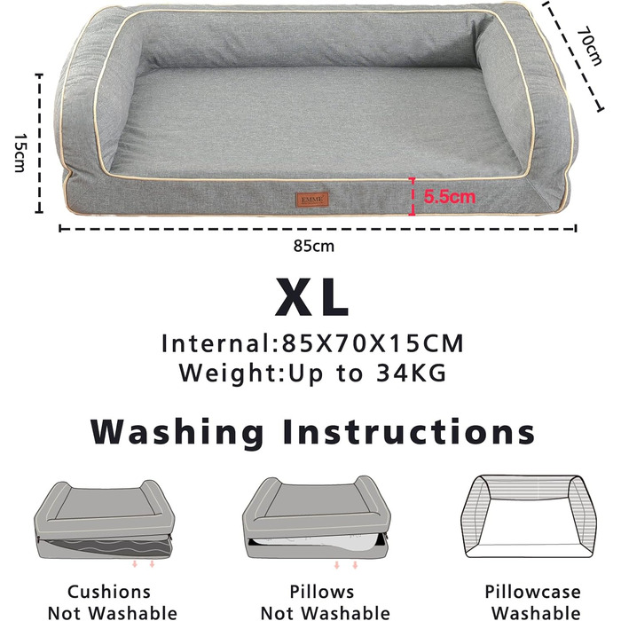 Ортопедичне ліжко для собак XL, 111x86x25 см, Memory Foam, водовідштовхувальне, сірого кольору