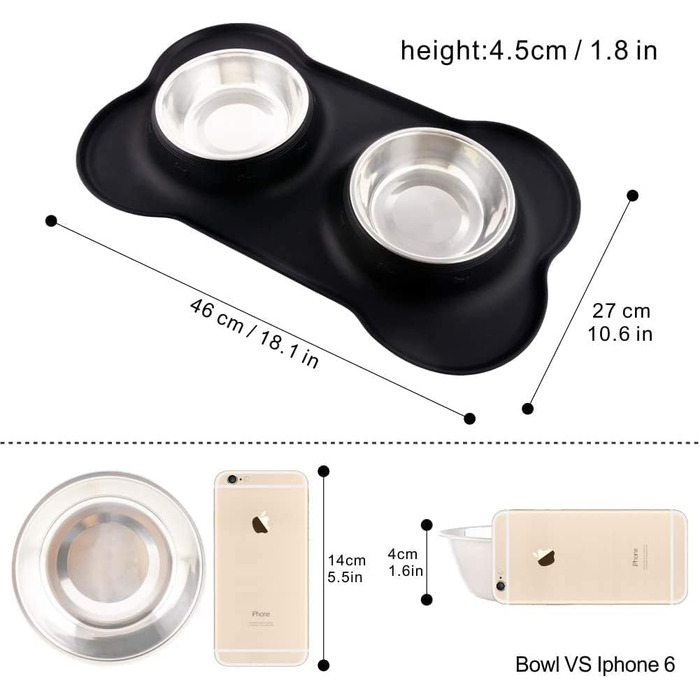 Набори мисок для собак та котів з нержавіючої сталі з силіконовим килимком, чорного кольору