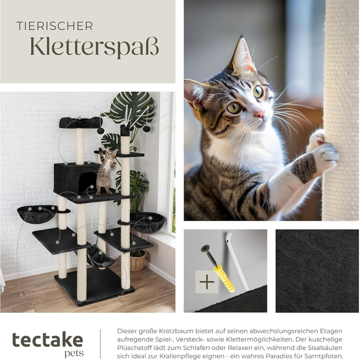 Дерево для котів tectake® XXL, велике, з аксесуарами: лежанки, гамак, будиночок, іграшки, мотузка, стійка для дряпання, висота 165 см, чорний