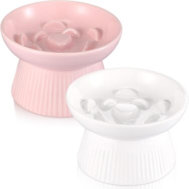 Підвищені миски для котів Layhit з кераміки, проти блювоти, повільне годування, для сухого та вологого корму, кошенята, 2 шт. (рожевий / білий)