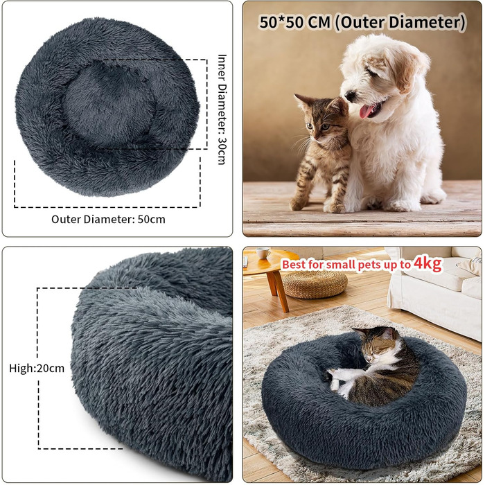 Кругле ліжко для котів та собак, 60 см, м'яке, миється, плюшеве, сірий колір