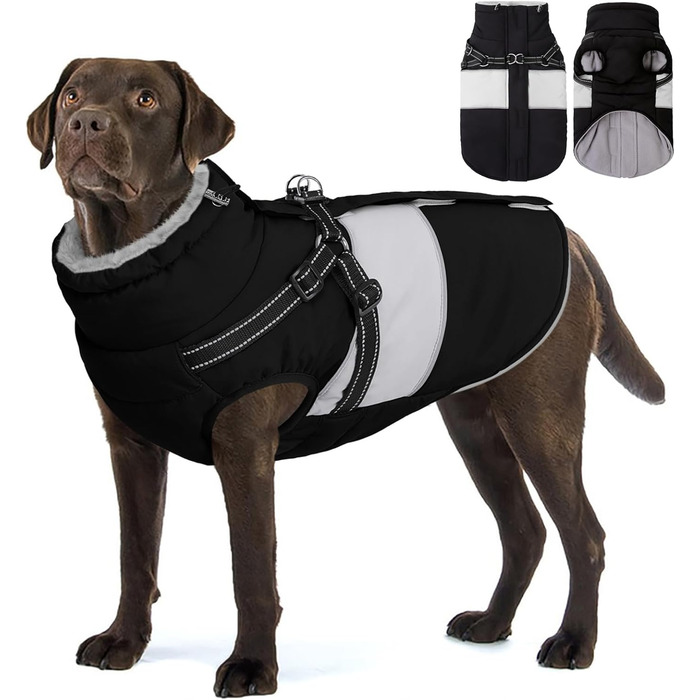 Зимовий водонепроникний теплий одяг для собак AOFITEE, чорний, розмір 3XL: куртка, жилет з отвором для повідка