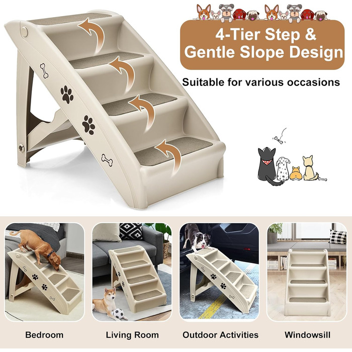 Сходинка для тварин SOARS, 4-ступенева, для собак та котів, з килимком з повсті, до 60 кг, антиковзаюча, для ліжка, авто, дивана (Бежевий)