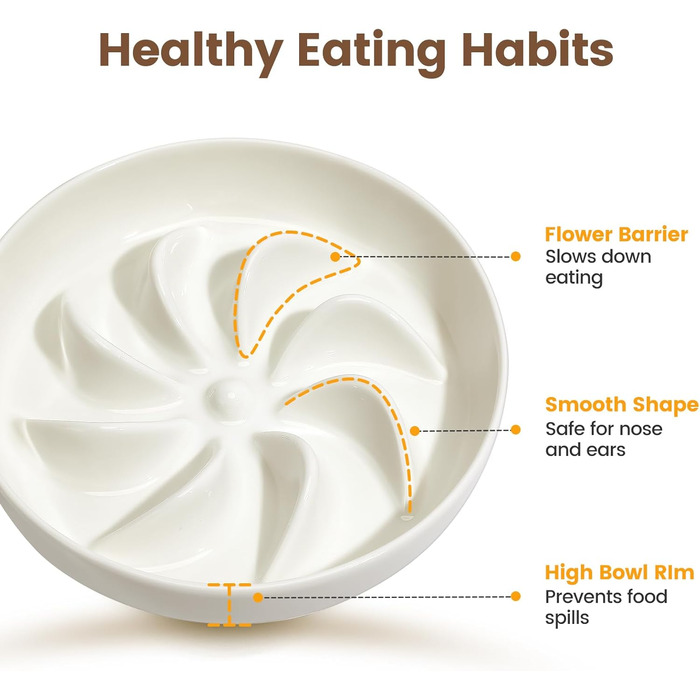 PETTOM Миска для котів протиковзаюча піднята, керамічна миска для котів, повільна годівниця для котів, миска протиковзання для котів та маленьких собак, біла миска + підставка (миска біла-квітка + підставка)