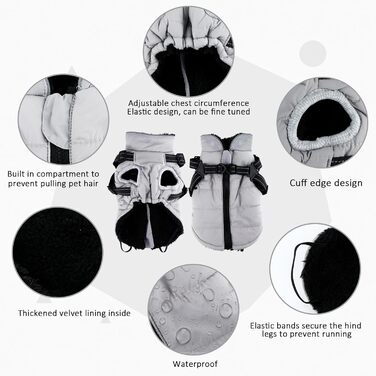 Зимовий одяг для собак ZoneYan, водовідштовхуючий та теплий, регульований, з світловідбиваючими елементами, для маленьких собак (Сірий, S)