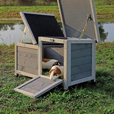 Клітка для кроликів Lionto з дерева з двома входами, 70x43x45 см, водостійке дах з бітуму та пластикові ніжки, для внутрішнього та зовнішнього використання, зимостійка, сучасний дизайн