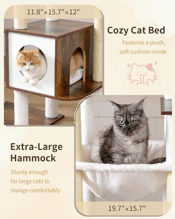 Дерев'яний котячий комплекс Heybly Kratzbaum HCT121WB (Vintage-Braun), 179 см, з будиночком, гамаком та сизалевими стовпчиками