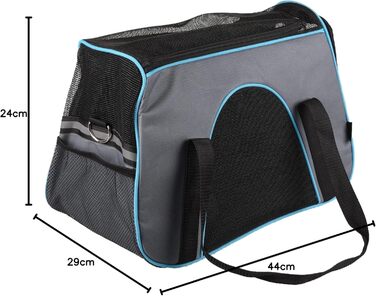 Сумка для собак Леона сіра – 44x24x29 см – поліестер, світловідбиваючий, знімний дно, страховка, ручки, ремінь на плече, легка у догляді