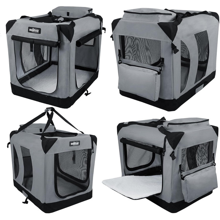 Клітка для собак EliteField з 3 дверцятами, складана, м'яка, з сумкою для перенесення та підстилкою з флісу, для дому та вулиці, 91.4 x 61 x 71 см, світло-сіра